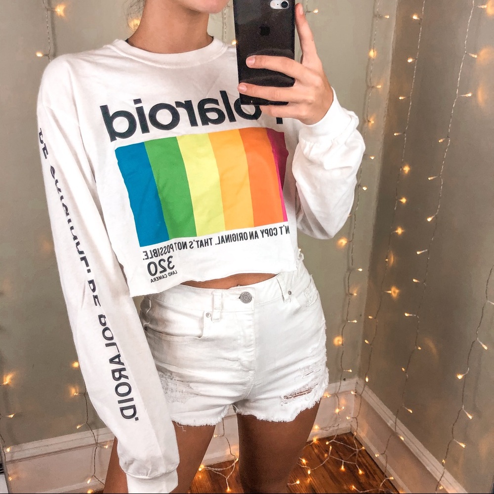 POLAROID White Graphic Long Sleeve Crop Top Shirt